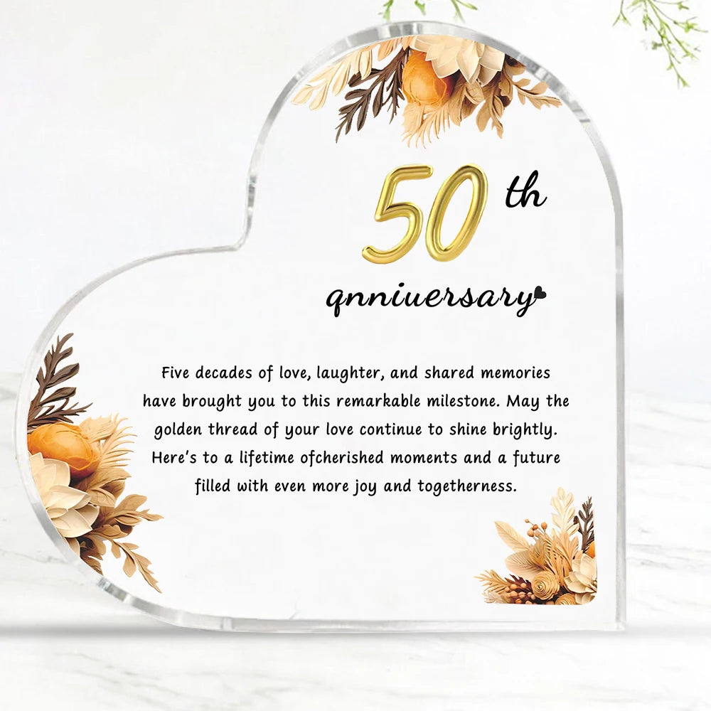 Golden 50th Anniversary Heart Plaque – Acrylic Decor Gift