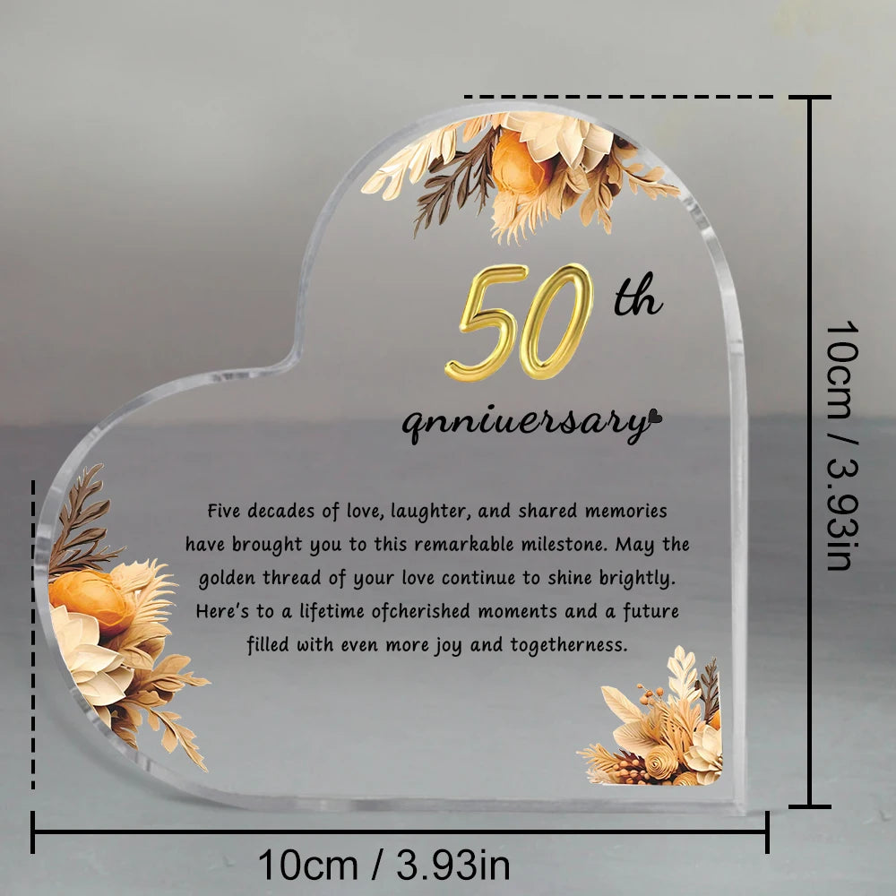 Golden 50th Anniversary Heart Plaque – Acrylic Decor Gift