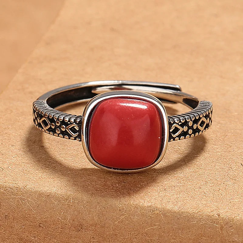 ✨925 Sterling Silver Red Gemstone Adjustable Ring – Vintage Floral Style
