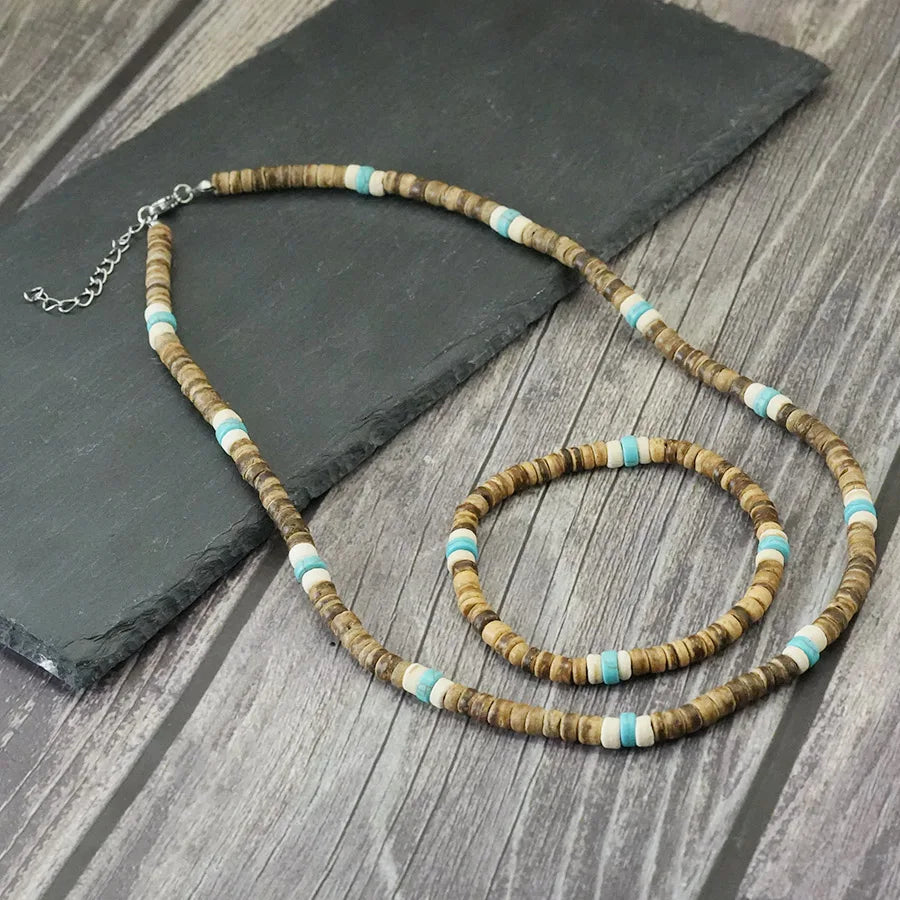 Natural Coconut Shell Beaded Necklace &amp; Bracelet Set – Handmade Beach Style