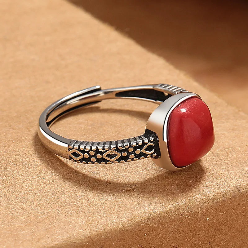 ✨925 Sterling Silver Red Gemstone Adjustable Ring – Vintage Floral Style