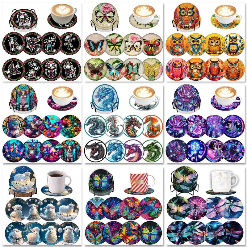 Set of 8 DIY Diamond Painting Coasters – Sparkling Art, Non-Slip and Decorative