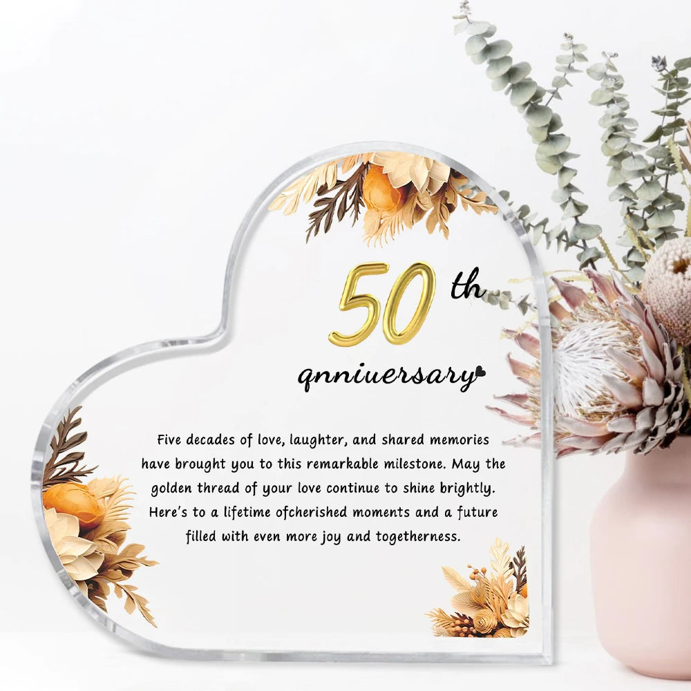 Golden 50th Anniversary Heart Plaque – Acrylic Decor Gift