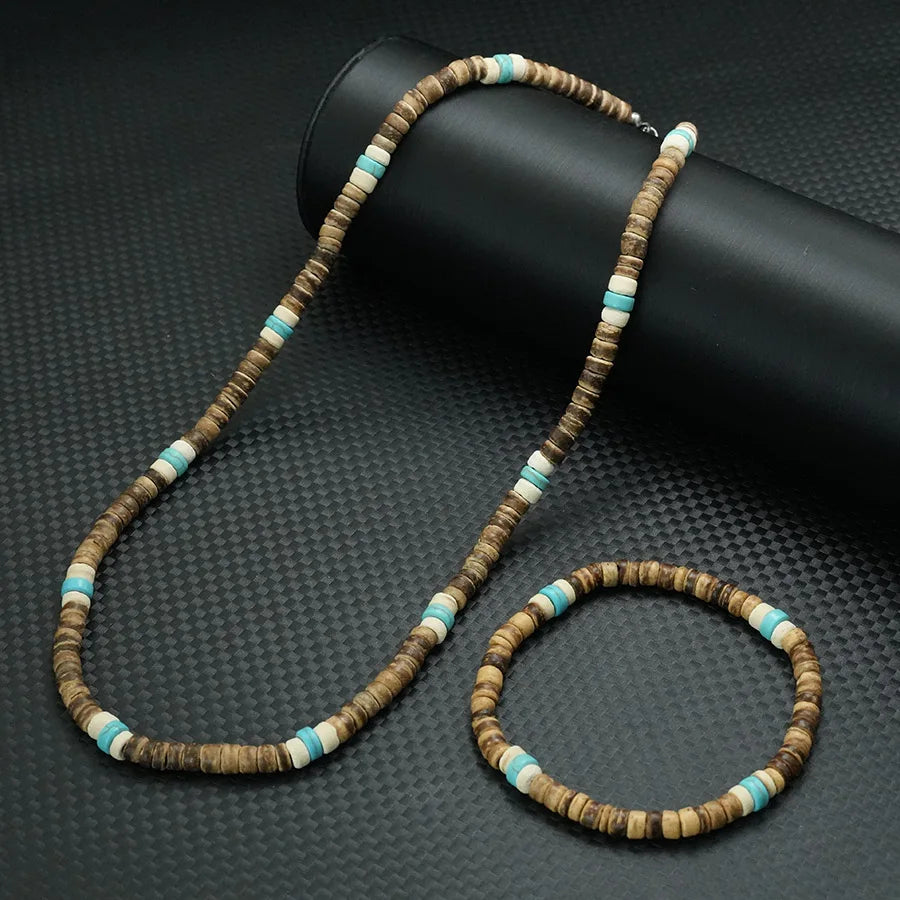 Natural Coconut Shell Beaded Necklace &amp; Bracelet Set – Handmade Beach Style