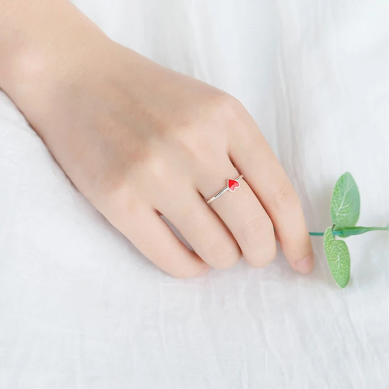 ✨925 Sterling Silver Red Heart Adjustable Ring – Sweet Minimalist Design