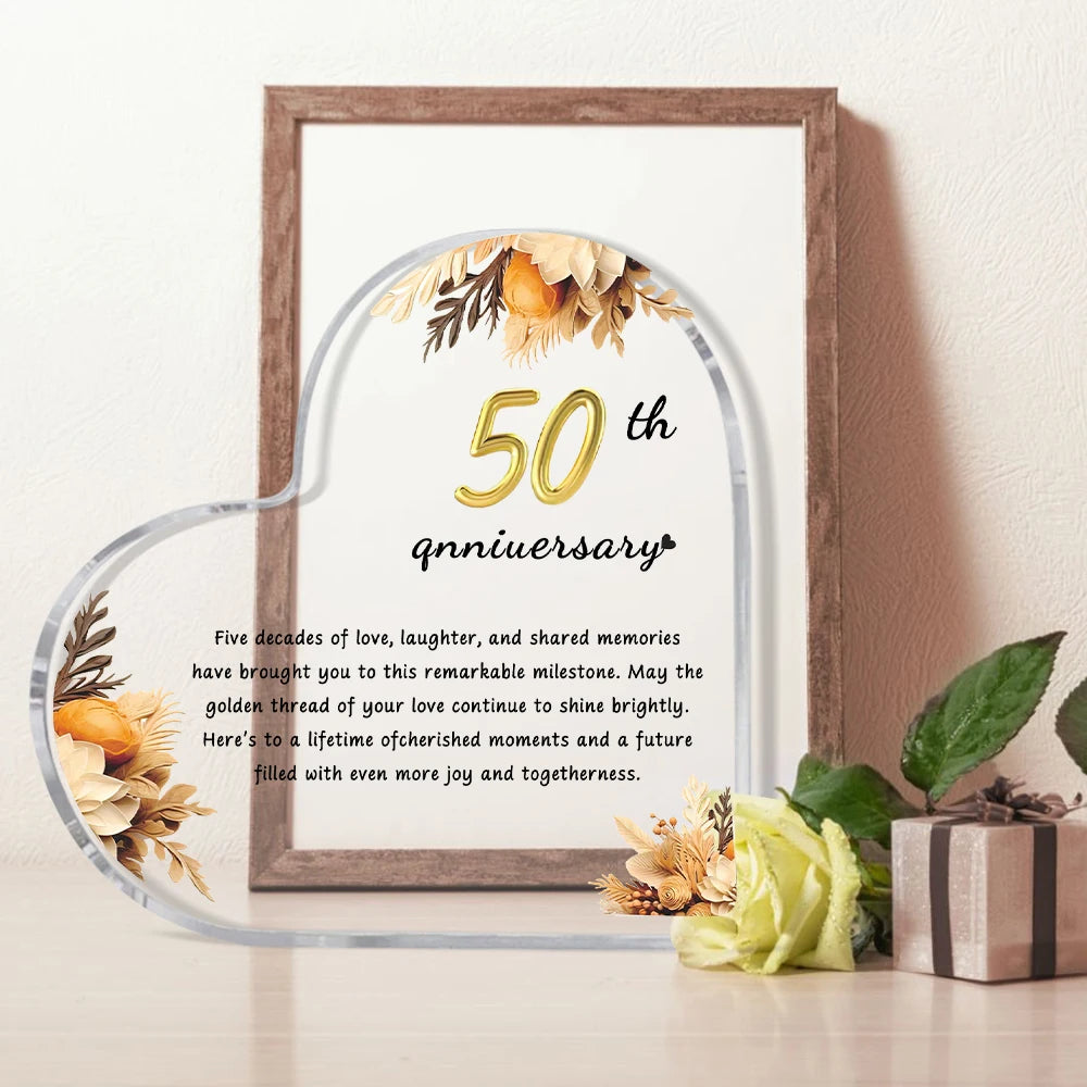Golden 50th Anniversary Heart Plaque – Acrylic Decor Gift