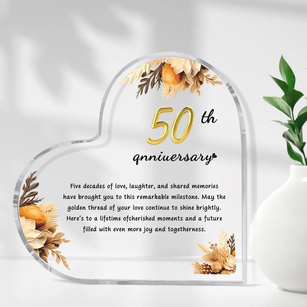 Golden 50th Anniversary Heart Plaque – Acrylic Decor Gift