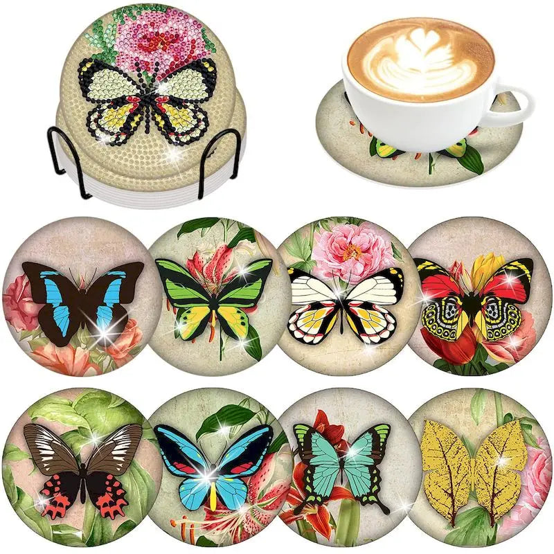 Set of 8 DIY Diamond Painting Coasters – Sparkling Art, Non-Slip and Decorative