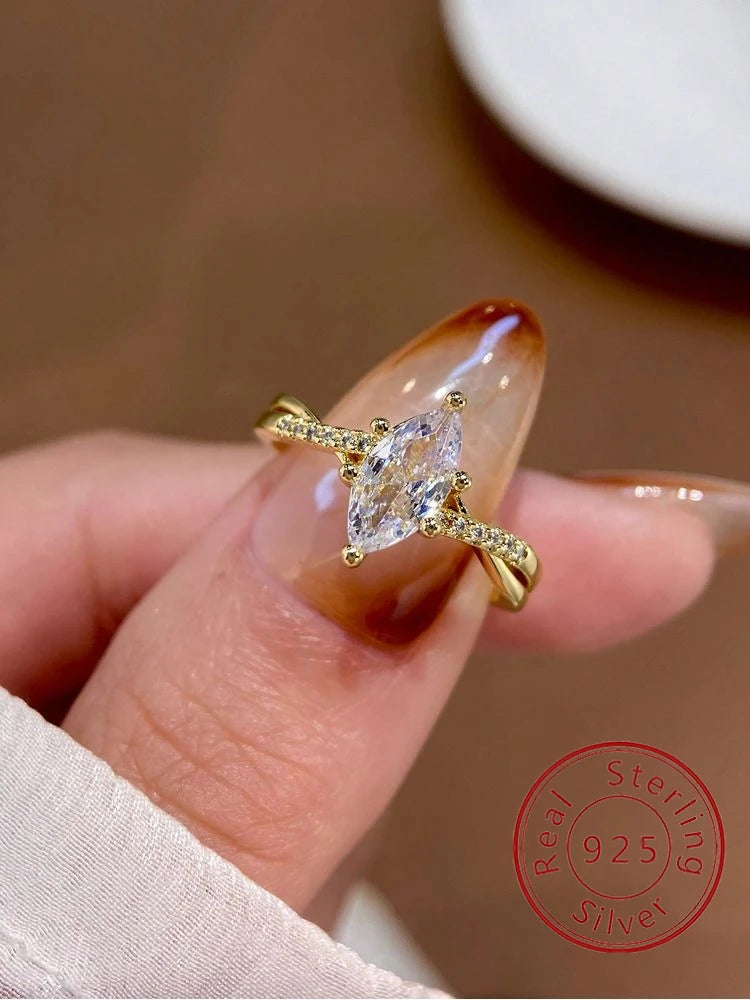 ✨Gorgeous 925 Sterling Silver Marquise Gem Ring – Shining Golden Finish, Elegant Women's Jewelry
