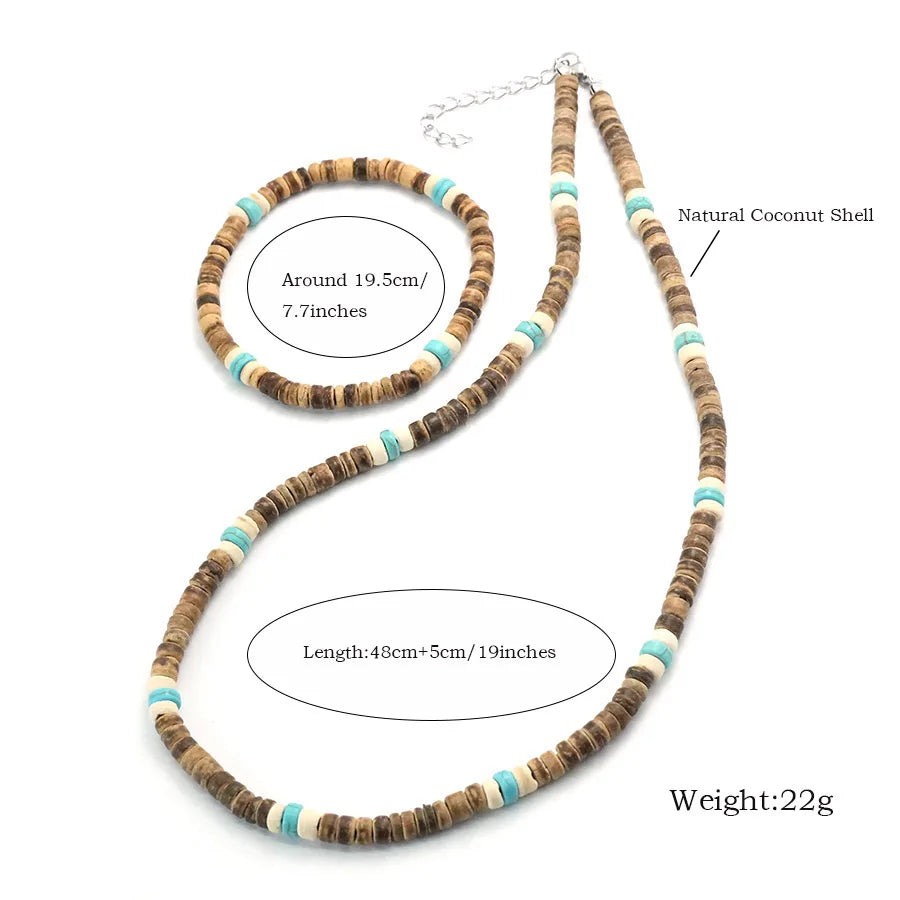 Natural Coconut Shell Beaded Necklace &amp; Bracelet Set – Handmade Beach Style