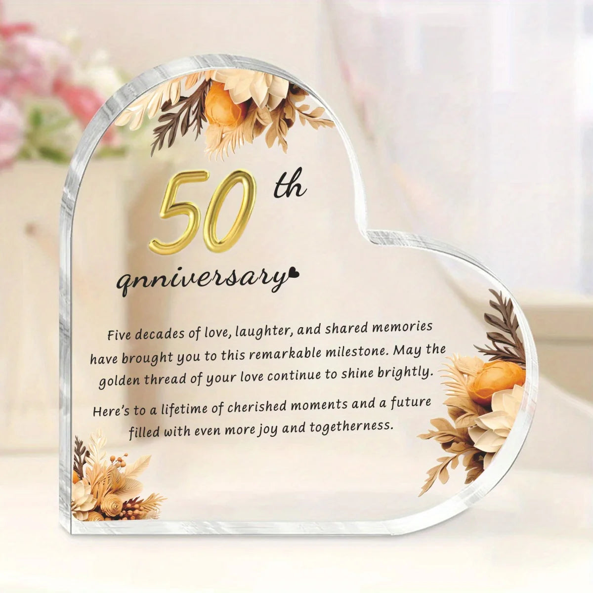 Golden 50th Anniversary Heart Plaque – Acrylic Decor Gift