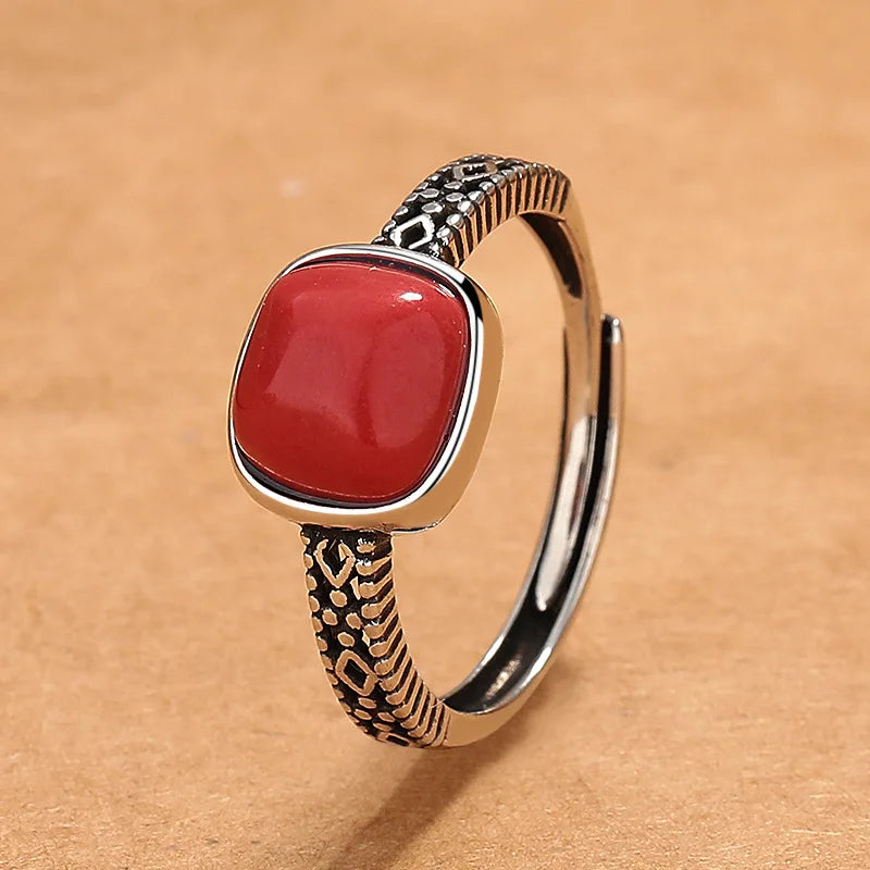 ✨925 Sterling Silver Red Gemstone Adjustable Ring – Vintage Floral Style