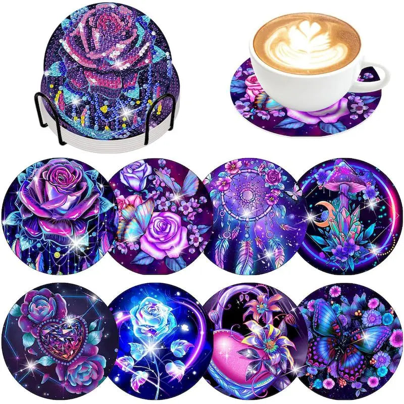 Set of 8 DIY Diamond Painting Coasters – Sparkling Art, Non-Slip and Decorative