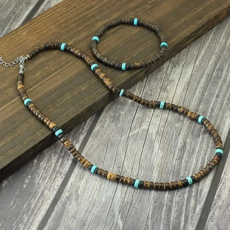 Natural Coconut Shell Beaded Necklace &amp; Bracelet Set – Handmade Beach Style