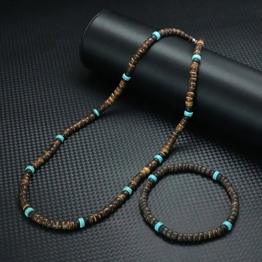 Natural Coconut Shell Beaded Necklace &amp; Bracelet Set – Handmade Beach Style