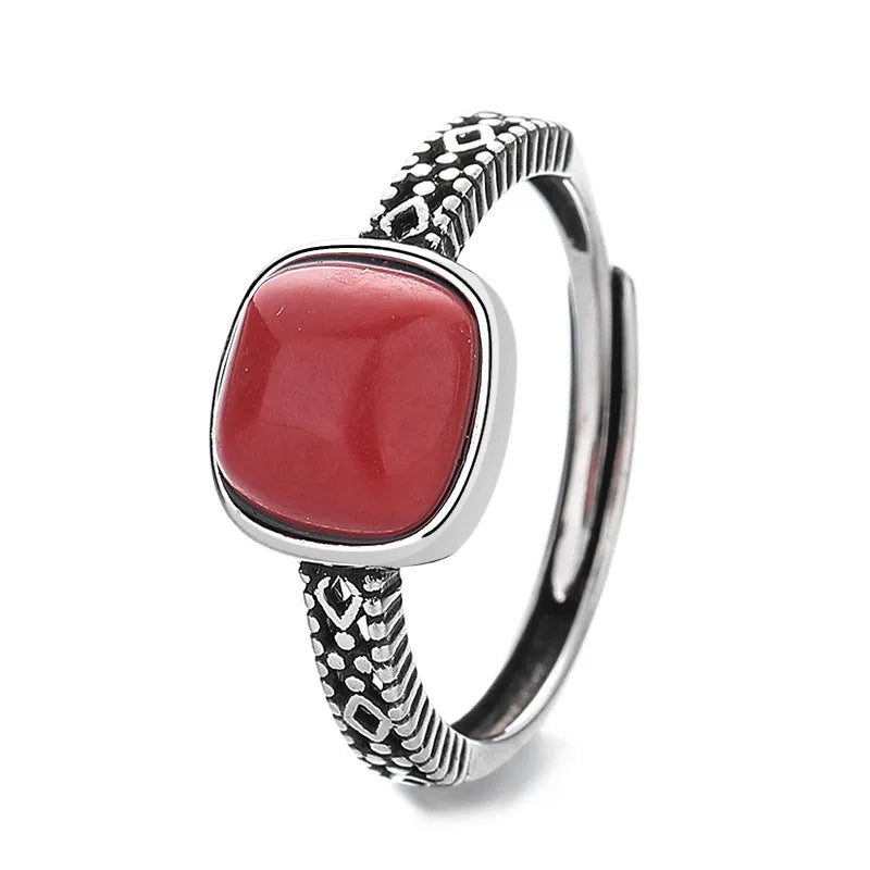 ✨925 Sterling Silver Red Gemstone Adjustable Ring – Vintage Floral Style